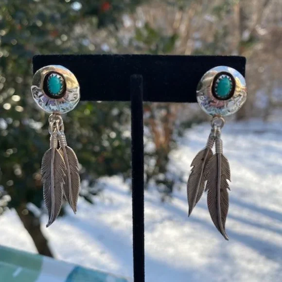 VTG Fred Weekoty Zuni Sterling Turquoise Feather EARRINGS - Picture 3 of 8